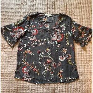 Loft Outlet Gray Floral Top Blouse M Short Sleeve Tunic